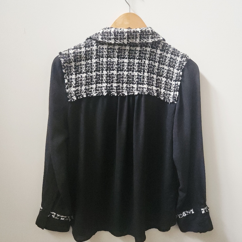 Zara Black Button Up Shirt XS Tweed Trim Sheer Blouse - Picture 8 of 9